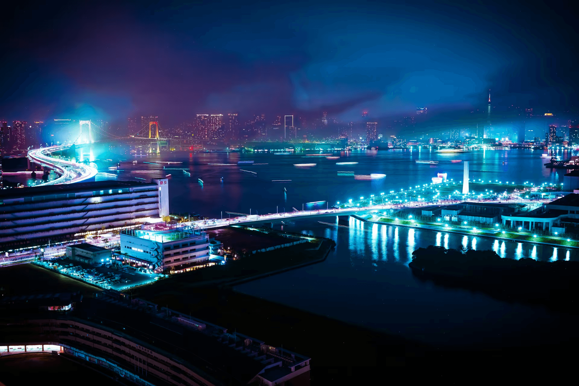Night city skyline with illuminated bridge